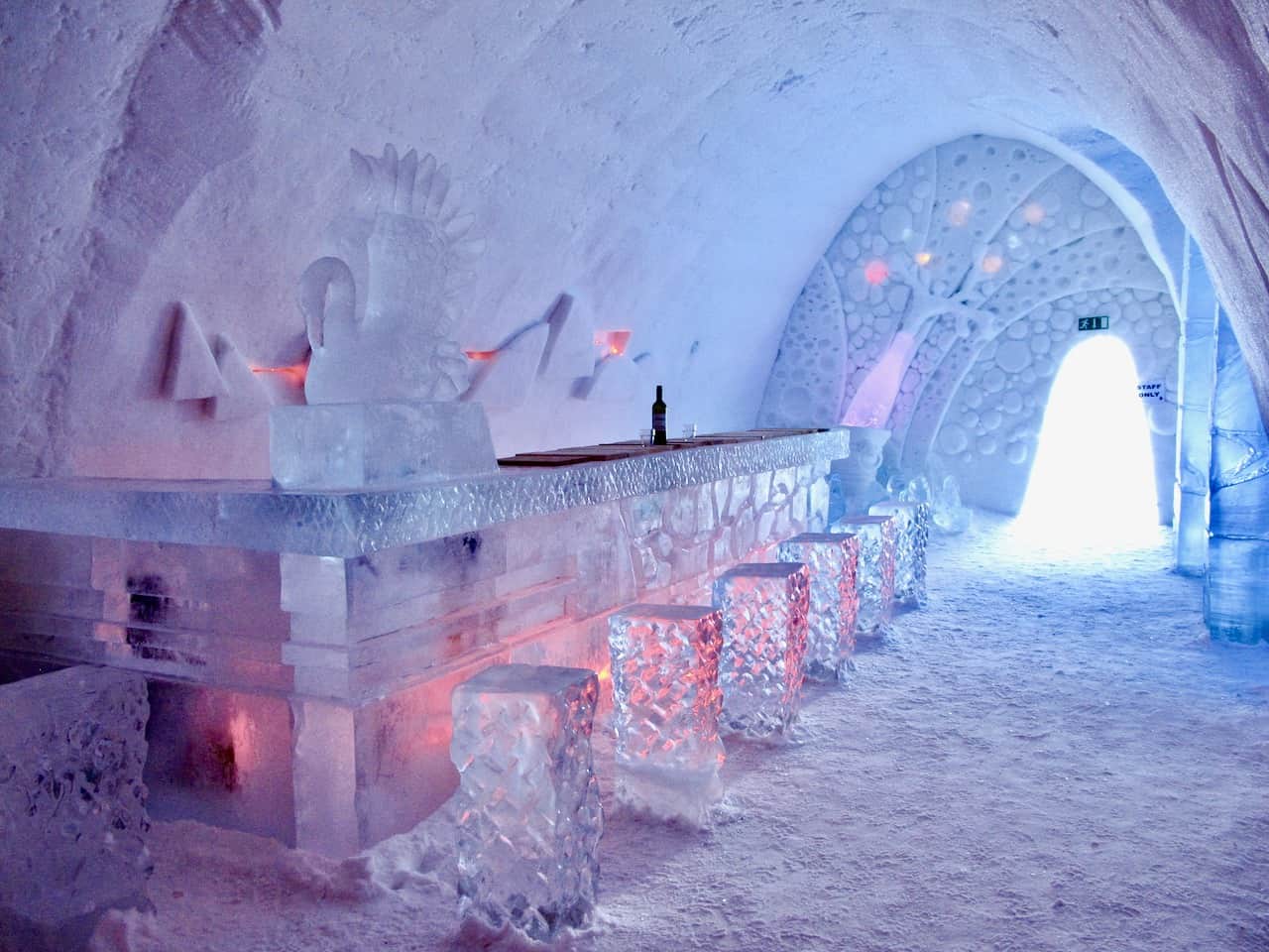 Ice bar with crystal stools inside SnowVillage in Kittila, Finnish Lapland